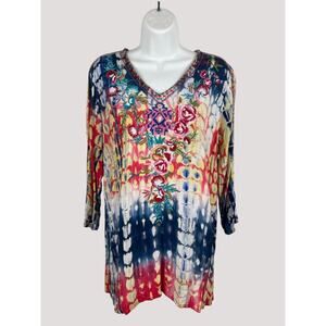 Caleesa Embroidered Boho Tunic Top Tie Dye Floral Blouse L